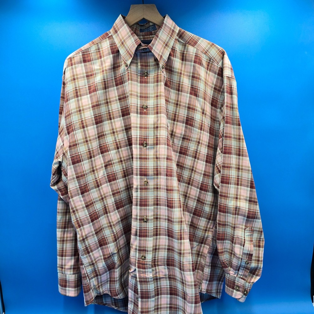 Faconnable Mens Large Plaid Button Down Shirt Burgundy Pink Cotton Made in USA